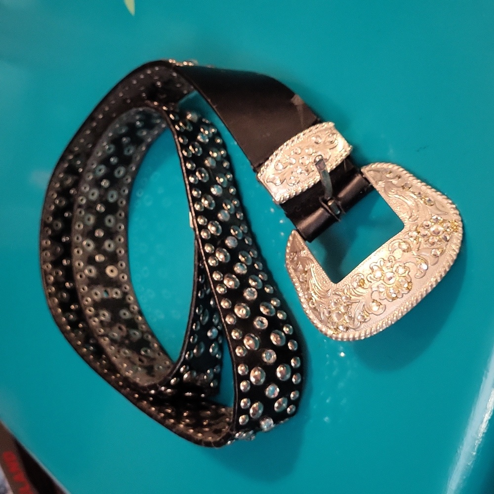 Studed belt with clear rhinestones